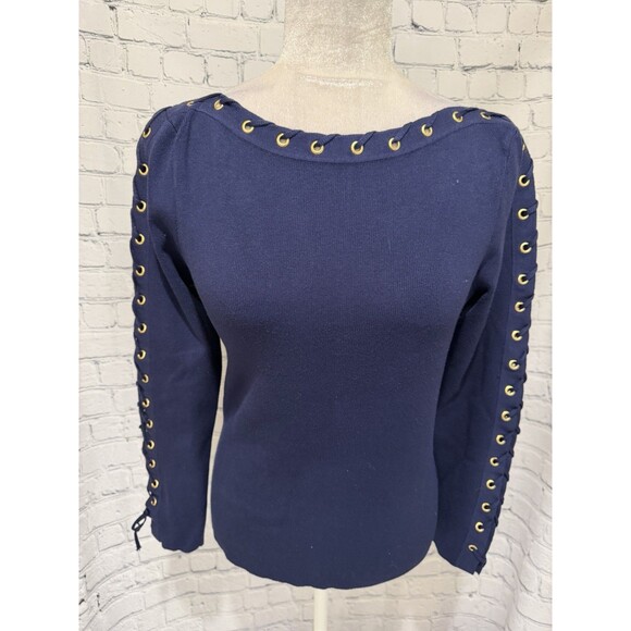 VENUS Sweaters - Venus Lace up neck and sleeve Navy blue Knit Sweater Size Large